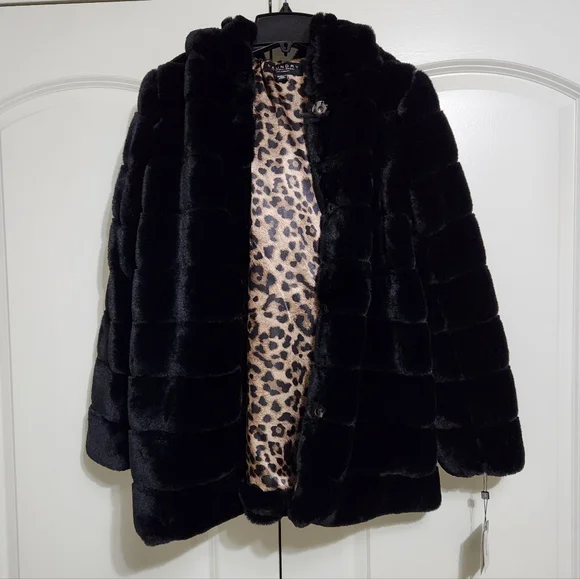 LAUNDRY BY SHELLI SEGAL FAUX FUR BLACK COAT With HOOD SIZE XS - Picture 3 of 8